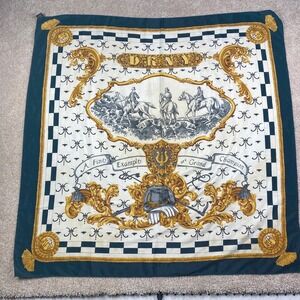 DKNY Vintage Silk Scarf Equestrian Horse Hunt Green Gold Made in Paris 34x34